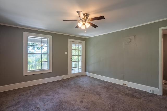 203 S High St, Lafayette, GA 30728 - empty room with dark colored carpet, ceiling fan, and crown molding