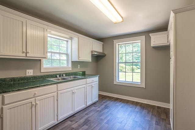 203 S High St, Lafayette, GA 30728 - kitchen featuring dark countertops, dark wood-style floors, healthy amount of natural light, and white cabinetry