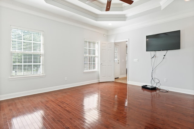 1502 Brock Cir, Ringgold, GA 30736 - unfurnished bedroom with ornamental molding, multiple windows, wood-type flooring, a raised ceiling, and a ceiling fan