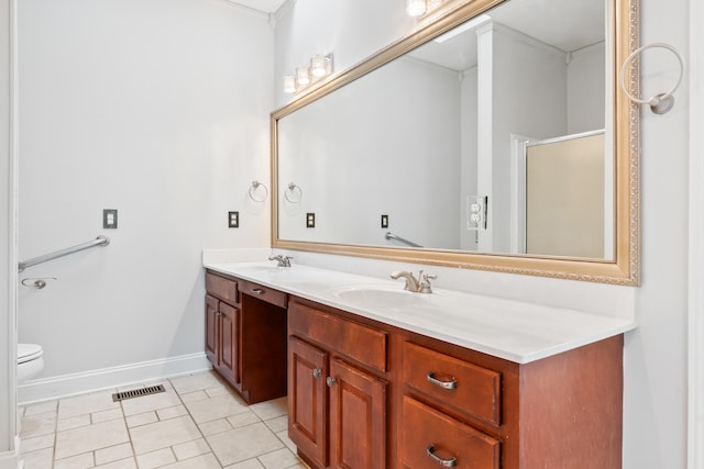 1502 Brock Cir, Ringgold, GA 30736 - full bathroom featuring double vanity, tile patterned floors, an enclosed shower, and crown molding
