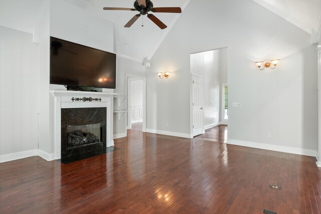 1502 Brock Cir, Ringgold, GA 30736 - unfurnished living room with ceiling fan, a fireplace, high vaulted ceiling, hardwood / wood-style floors, and crown molding
