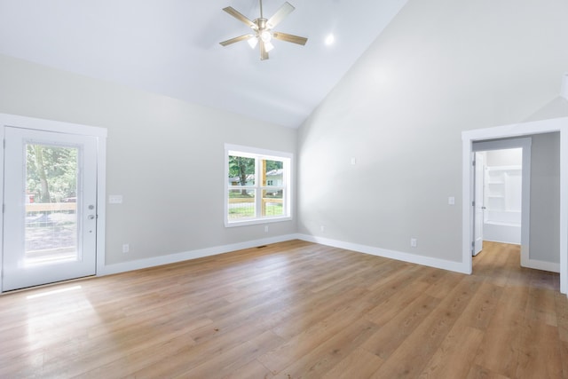 307 Cavender St, Lafayette, GA 30728 - unfurnished living room featuring high vaulted ceiling, ceiling fan, plenty of natural light, and light wood-style flooring