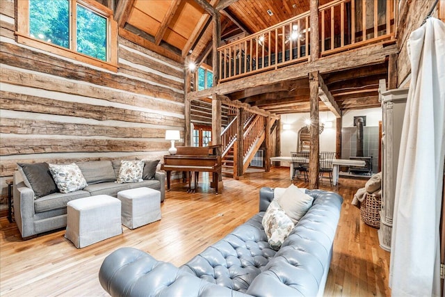 1908 Clear Brooks Dr, Signal Mountain, TN 37377 - living room with a wood ceiling with exposed beams, wooden walls, stairs, wood-type flooring, and high vaulted ceiling