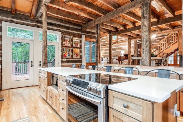 1908 Clear Brooks Dr, Signal Mountain, TN 37377 - kitchen with appliances with stainless steel finishes, a wooden ceiling with exposed beams, light wood-type flooring, light countertops, and a center island