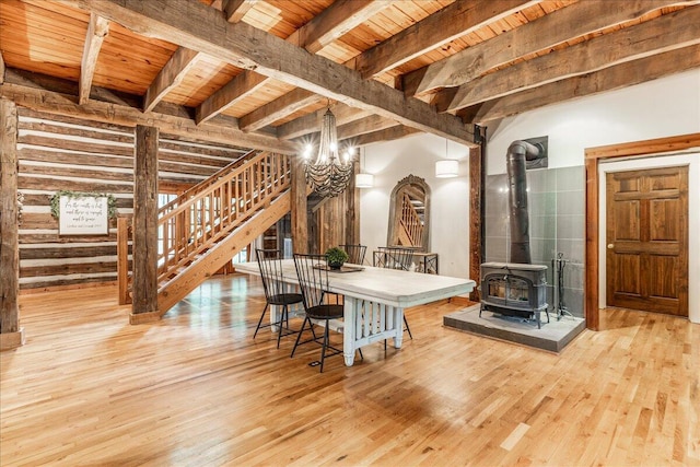 1908 Clear Brooks Dr, Signal Mountain, TN 37377 - dining area featuring wood finished floors, a wood ceiling with exposed beams, a wood stove, and stairs