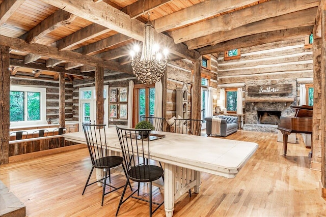 1908 Clear Brooks Dr, Signal Mountain, TN 37377 - dining space with hardwood / wood-style flooring, a chandelier, a wooden ceiling with exposed beams, and a stone fireplace