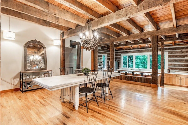 1908 Clear Brooks Dr, Signal Mountain, TN 37377 - dining space with a wood ceiling with exposed beams, light wood-style flooring, and a chandelier