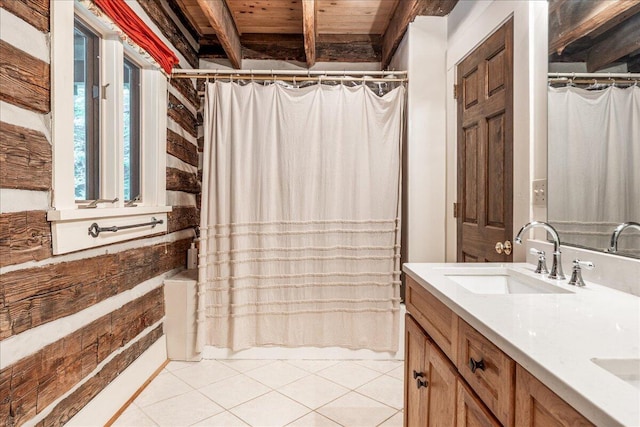 1908 Clear Brooks Dr, Signal Mountain, TN 37377 - full bath with tile patterned floors, double vanity, and a wood ceiling with exposed beams