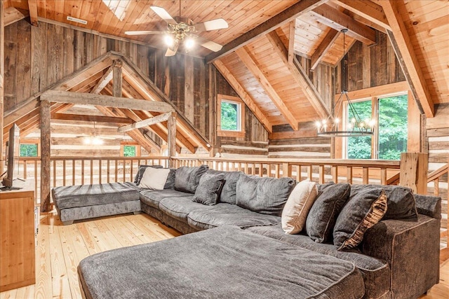 1908 Clear Brooks Dr, Signal Mountain, TN 37377 - living room featuring wooden ceiling, wood walls, hardwood / wood-style flooring, and ceiling fan