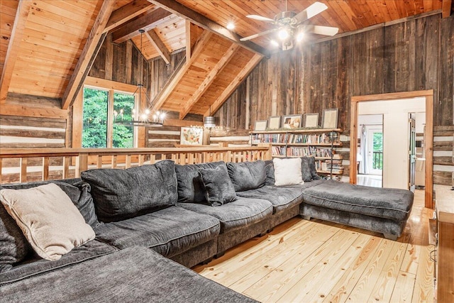 1908 Clear Brooks Dr, Signal Mountain, TN 37377 - living room featuring wooden ceiling, wood walls, wood-type flooring, and ceiling fan