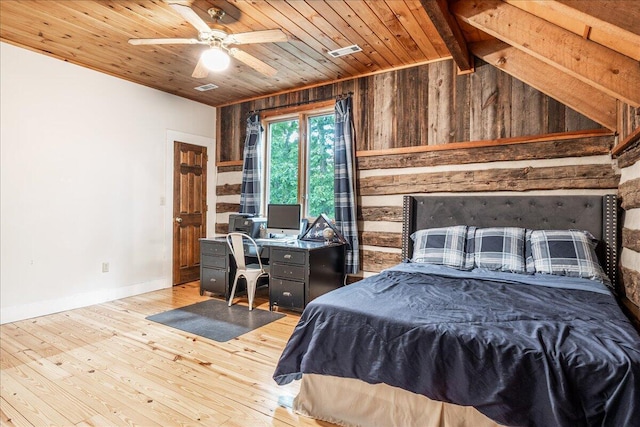 1908 Clear Brooks Dr, Signal Mountain, TN 37377 - bedroom featuring wooden walls, wooden ceiling, light wood-type flooring, ceiling fan, and a desk