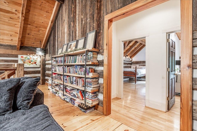 1908 Clear Brooks Dr, Signal Mountain, TN 37377 - living area featuring wooden walls, wood finished floors, a wood ceiling with exposed beams, and high vaulted ceiling