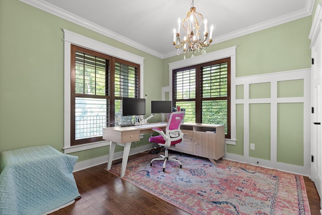 9795 Trestle Cir, Ooltewah, TN 37363 - office featuring a chandelier, ornamental molding, and wood finished floors