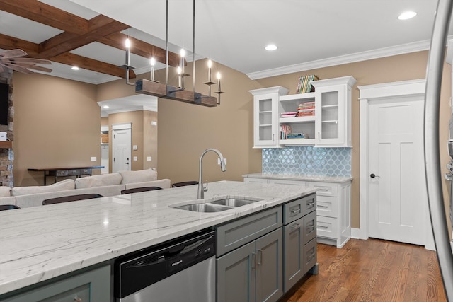 9795 Trestle Cir, Ooltewah, TN 37363 - kitchen with stainless steel dishwasher, open floor plan, open shelves, crown molding, and backsplash