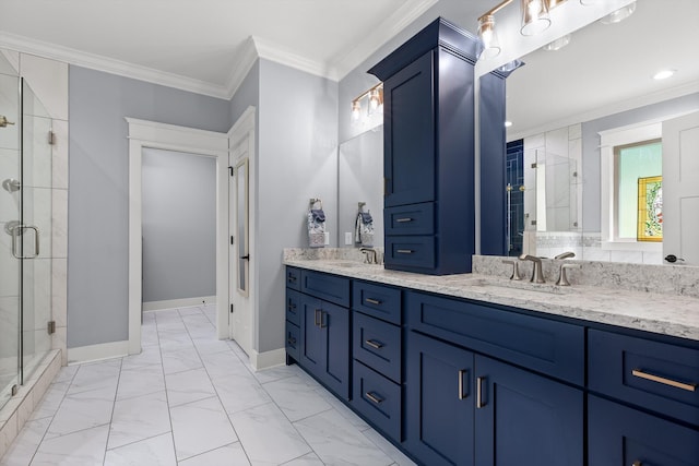 9795 Trestle Cir, Ooltewah, TN 37363 - full bath featuring a shower stall, double vanity, ornamental molding, and marble look tiles