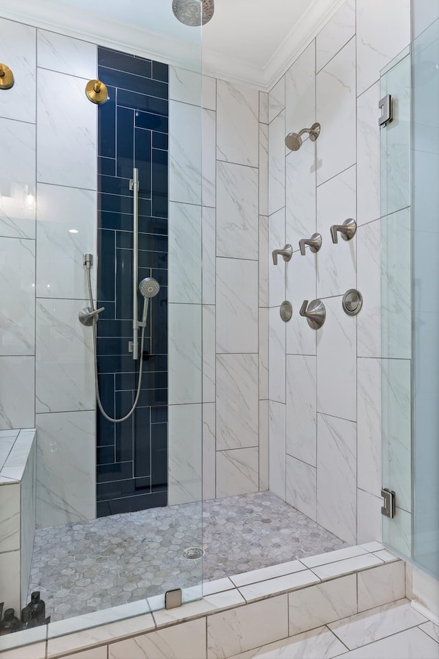 9795 Trestle Cir, Ooltewah, TN 37363 - bathroom featuring ornamental molding and a shower stall