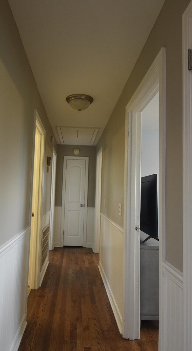 268 Lawrence Dr, Rossville, GA 30741 - hallway featuring attic access, wainscoting, and dark wood-type flooring
