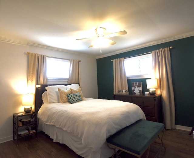 268 Lawrence Dr, Rossville, GA 30741 - bedroom featuring multiple windows, dark wood-style flooring, crown molding, and ceiling fan