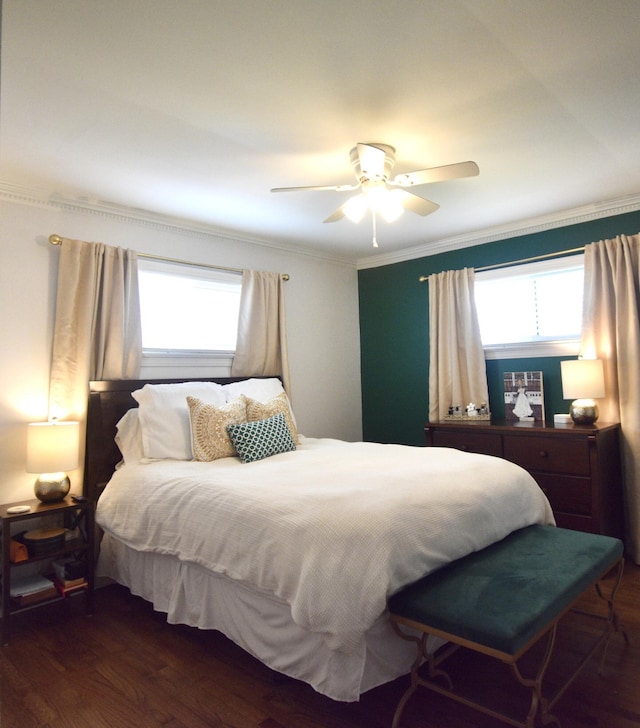 268 Lawrence Dr, Rossville, GA 30741 - bedroom with dark wood-type flooring, crown molding, and a ceiling fan