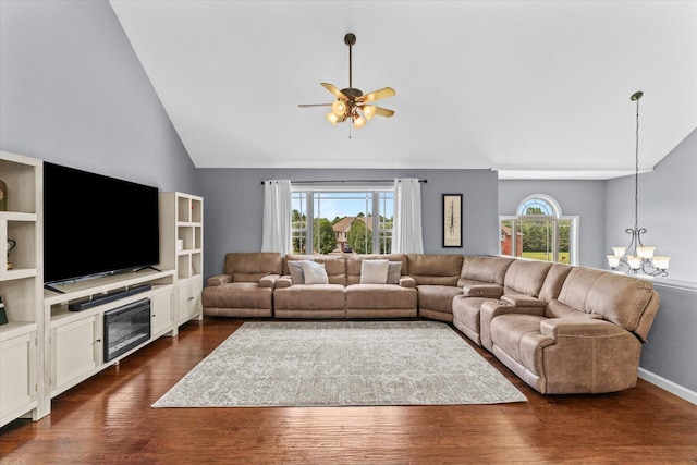 1010 Country Meadows Ln, Dalton, GA 30721 - living area with a ceiling fan, dark wood-type flooring, a chandelier, and high vaulted ceiling