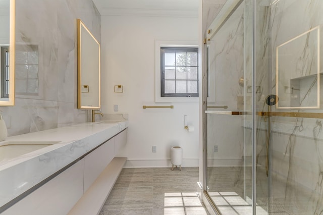 807 Judd Ter, Dalton, GA 30720 - bathroom featuring crown molding, double vanity, and a marble finish shower