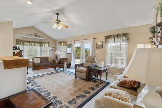 346 Thomas Rd, Benton, TN 37307 - living room featuring a ceiling fan, lofted ceiling, and french doors