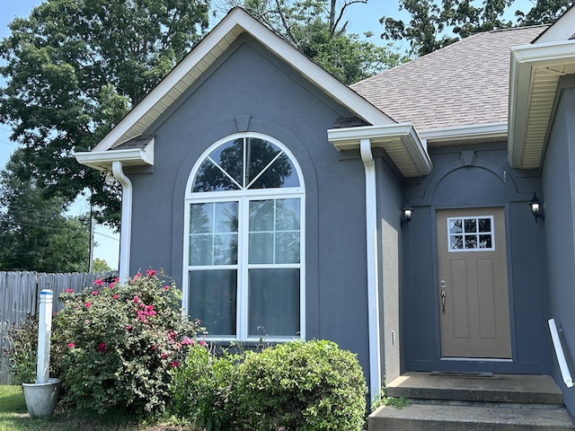 7901 Hamilton Mill Dr, Chattanooga, TN 37421 - doorway to property with roof with shingles and stucco siding