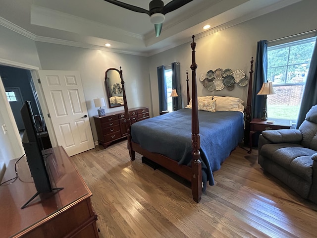 7901 Hamilton Mill Dr, Chattanooga, TN 37421 - bedroom with a raised ceiling, light wood-style floors, crown molding, and recessed lighting