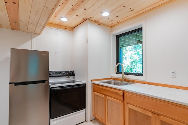 4205 Seneca Ave, Chattanooga, TN 37409 - kitchen with freestanding refrigerator, electric range, wooden ceiling, recessed lighting, and light stone counters