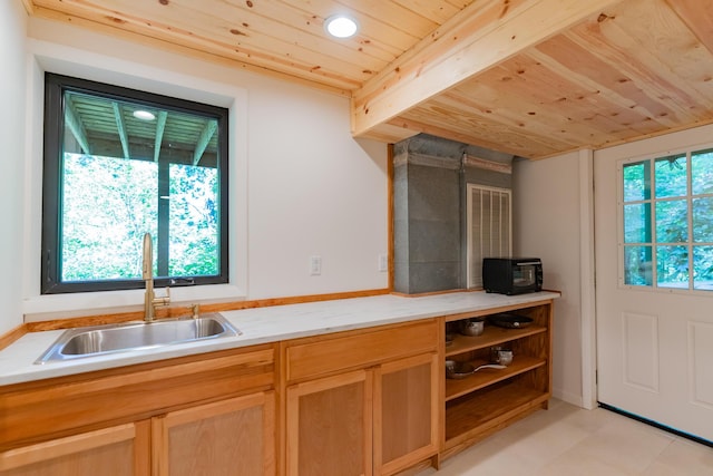 4205 Seneca Ave, Chattanooga, TN 37409 - kitchen featuring wooden ceiling, light countertops, open shelves, and recessed lighting