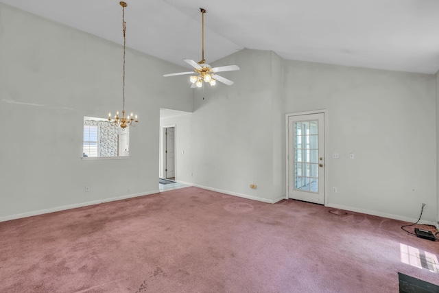 6661 Hickory Trace Cir, Chattanooga, TN 37421 - unfurnished living room with a ceiling fan, high vaulted ceiling, a chandelier, healthy amount of natural light, and carpet