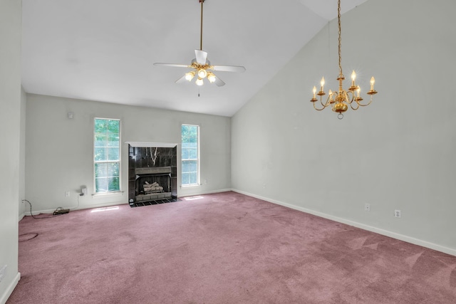 6661 Hickory Trace Cir, Chattanooga, TN 37421 - unfurnished living room with carpet, a ceiling fan, a chandelier, a high end fireplace, and high vaulted ceiling