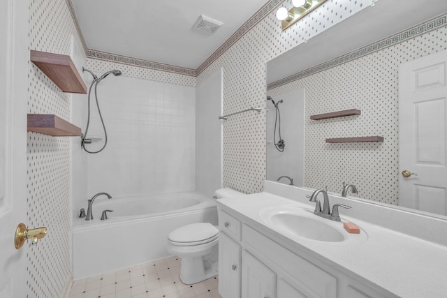 6661 Hickory Trace Cir, Chattanooga, TN 37421 - full bathroom with tub / shower combination, vanity, wallpapered walls, and tile patterned floors