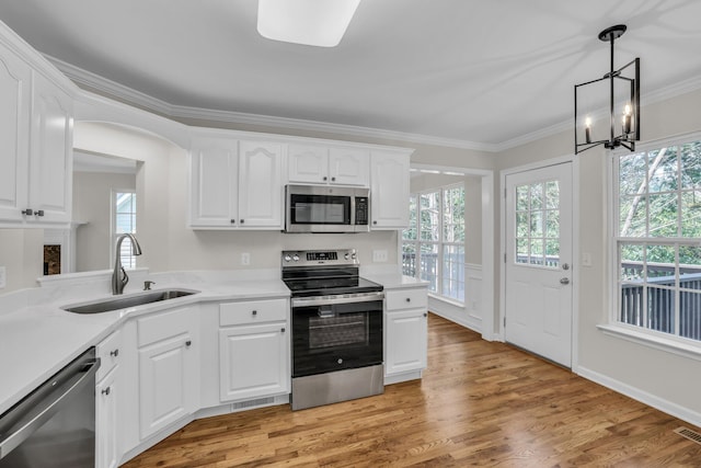 5586 Crooked Creek Dr, Ooltewah, TN 37363 - kitchen featuring stainless steel appliances, plenty of natural light, a chandelier, ornamental molding, and white cabinetry