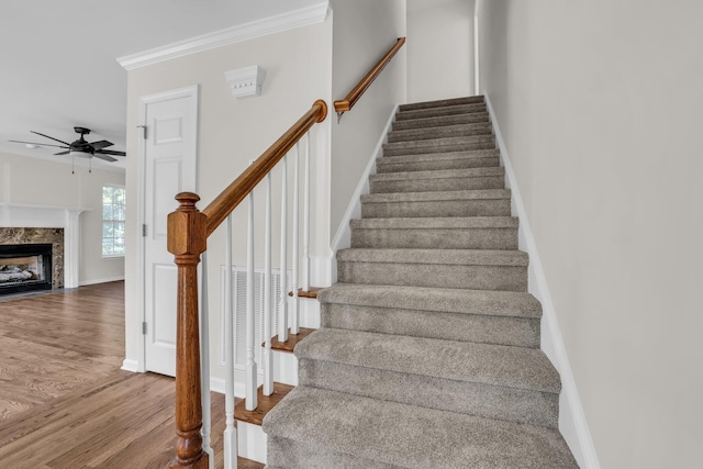 5586 Crooked Creek Dr, Ooltewah, TN 37363 - stairs with wood finished floors, ceiling fan, a premium fireplace, and ornamental molding