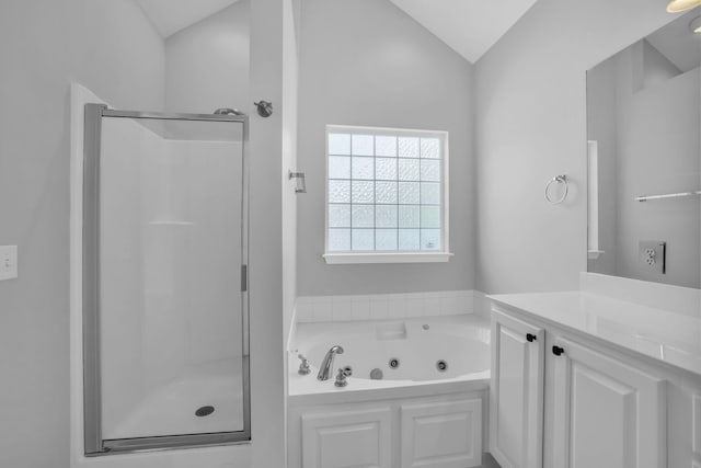 5586 Crooked Creek Dr, Ooltewah, TN 37363 - bathroom with a stall shower, vanity, lofted ceiling, and a tub with jets