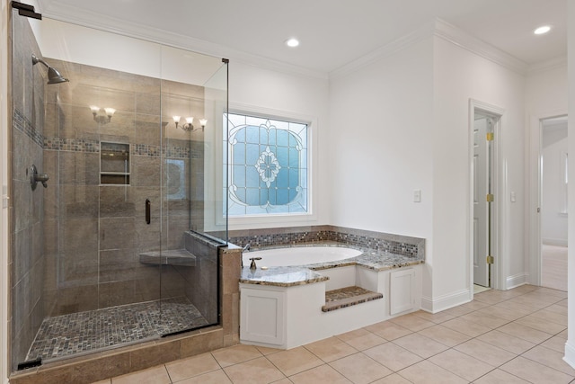 9539 Shadow Crossing Ln, Chattanooga, TN 37421 - full bathroom featuring a bath, a shower stall, tile patterned flooring, ornamental molding, and recessed lighting