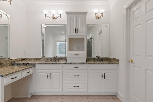 9539 Shadow Crossing Ln, Chattanooga, TN 37421 - full bathroom with double vanity, crown molding, tile patterned flooring, a shower with shower door, and a chandelier