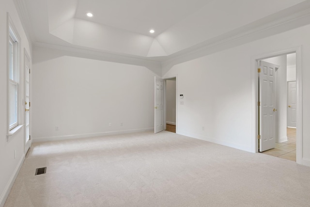 9539 Shadow Crossing Ln, Chattanooga, TN 37421 - empty room with light colored carpet, a raised ceiling, recessed lighting, and ornamental molding
