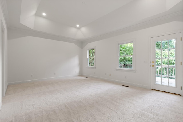 9539 Shadow Crossing Ln, Chattanooga, TN 37421 - unfurnished room with a raised ceiling, light colored carpet, recessed lighting, and crown molding