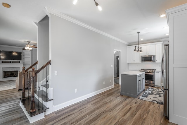 846 Altamont Rd, Chattanooga, TN 37415 - kitchen featuring appliances with stainless steel finishes, ceiling fan, wood finished floors, white cabinets, and a fireplace