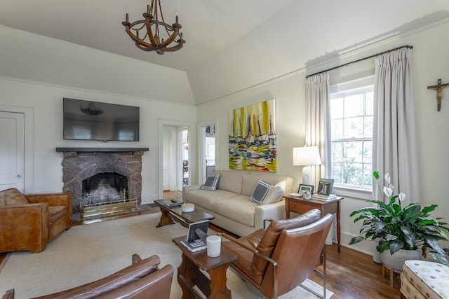 2 Mother Goose Vlg, Lookout Mountain, GA 30750 - living area featuring a chandelier, a fireplace, wood finished floors, and lofted ceiling