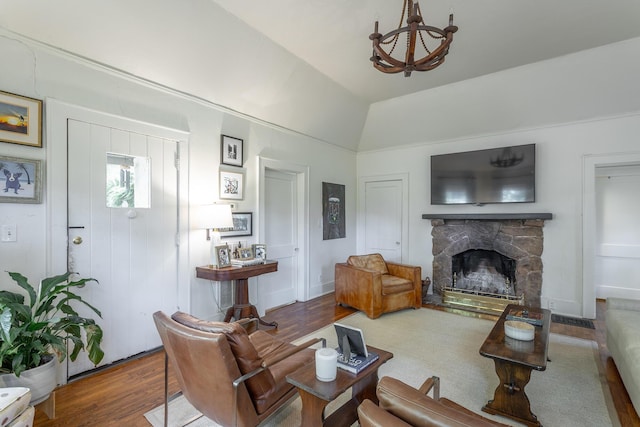 2 Mother Goose Vlg, Lookout Mountain, GA 30750 - living room featuring wood finished floors, a chandelier, a fireplace, and lofted ceiling