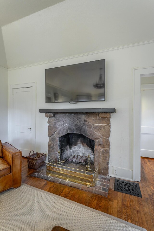 2 Mother Goose Vlg, Lookout Mountain, GA 30750 - detailed view of wood finished floors, a stone fireplace, and crown molding