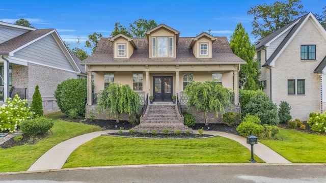 9253 Skyfall Dr, Ooltewah, TN 37363 - view of front of house featuring a front lawn, covered porch, french doors, stairs, and a shingled roof