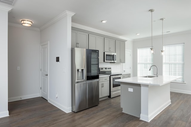 1978 Mitchell Ave Unit 21, Chattanooga, TN 37408 - kitchen with stainless steel appliances, dark wood-style flooring, gray cabinets, decorative backsplash, and crown molding