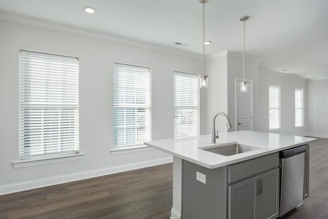 1978 Mitchell Ave Unit 21, Chattanooga, TN 37408 - kitchen with stainless steel dishwasher, dark wood-style floors, crown molding, open floor plan, and light countertops