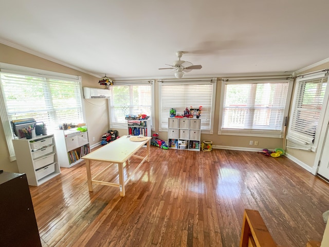6413 Edgmon Dr, Chattanooga, TN 37421 - recreation room featuring a wall mounted AC, crown molding, light wood-style floors, and a ceiling fan