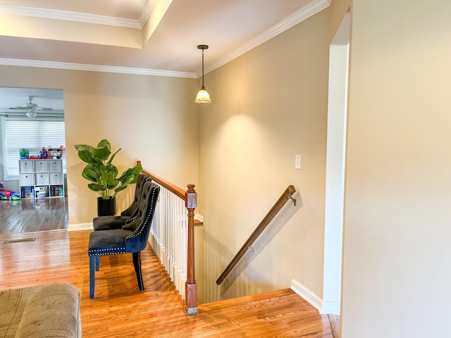 6413 Edgmon Dr, Chattanooga, TN 37421 - stairs with wood finished floors, ornamental molding, and ceiling fan