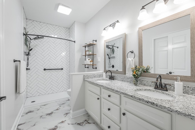 143 Walden Dr, Signal Mountain, TN 37377 - full bath featuring double vanity, a tile shower, and marble look tile flooring
